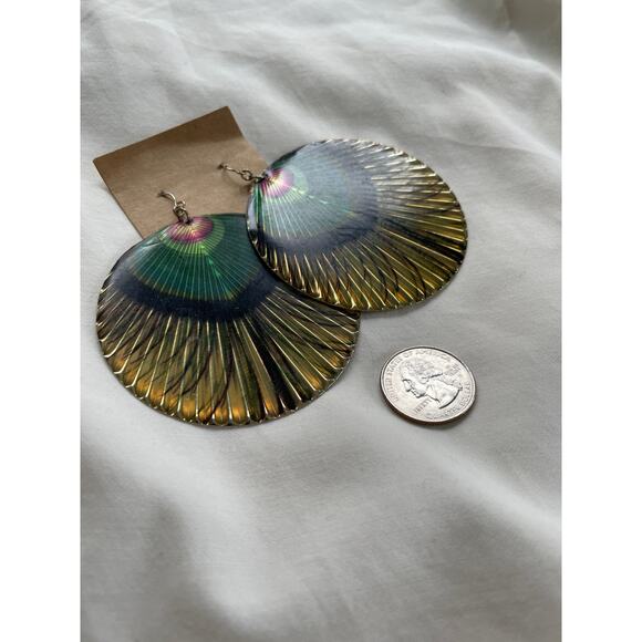 Vintage Oversized Peacock Disk Earrings Maximalist Glam Drag 60s 70s Gold - Picture 3 of 5